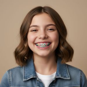 Little brunette girl smiling with rainbow colored braces
